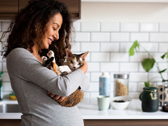 Conocé qué es la toxoplasmosis y los cuidados necesarios durante tu embarazo Mujer embarazada sosteniendo su gatito
